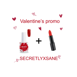 Промоционален комплект "Valentine's promo'" червен гел лак Secretly 14ml  + Подарък червено червило Sane